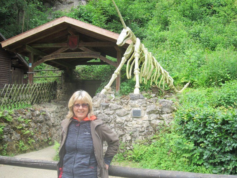 Gaby near Unicorn cave and model of supposed unicorn...